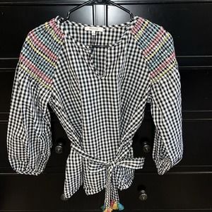 Madewell Embroidered‎ Gingham Tassel Tie Waist Top Small Peasant Plaid